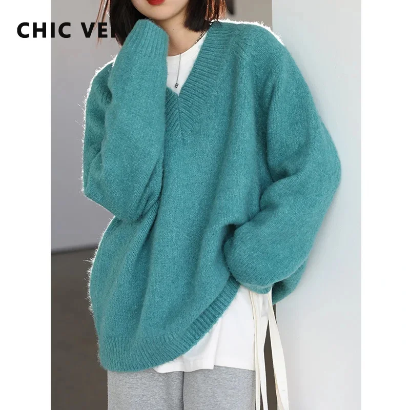 

CHIC VEN Women's Sweater Knitted Solid V Neck Casual Female Loose Long Sleeve Pullovers Female Tops Lady Coat Autumn Winter