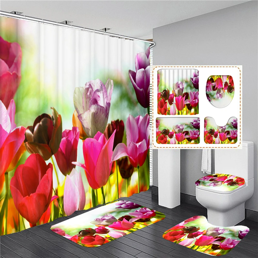 180*180cm Colorful Flowers Fabric Shower Curtains Bath Mats Rugs Beautiful Tulip Flower Bathroom Curtain Set Home Decoration
180*180cm Colorful Flowers Fabric Shower Curtains Bath Mats Rugs Beautiful Tulip Flower Bathroom Curtain Set Home Decoration