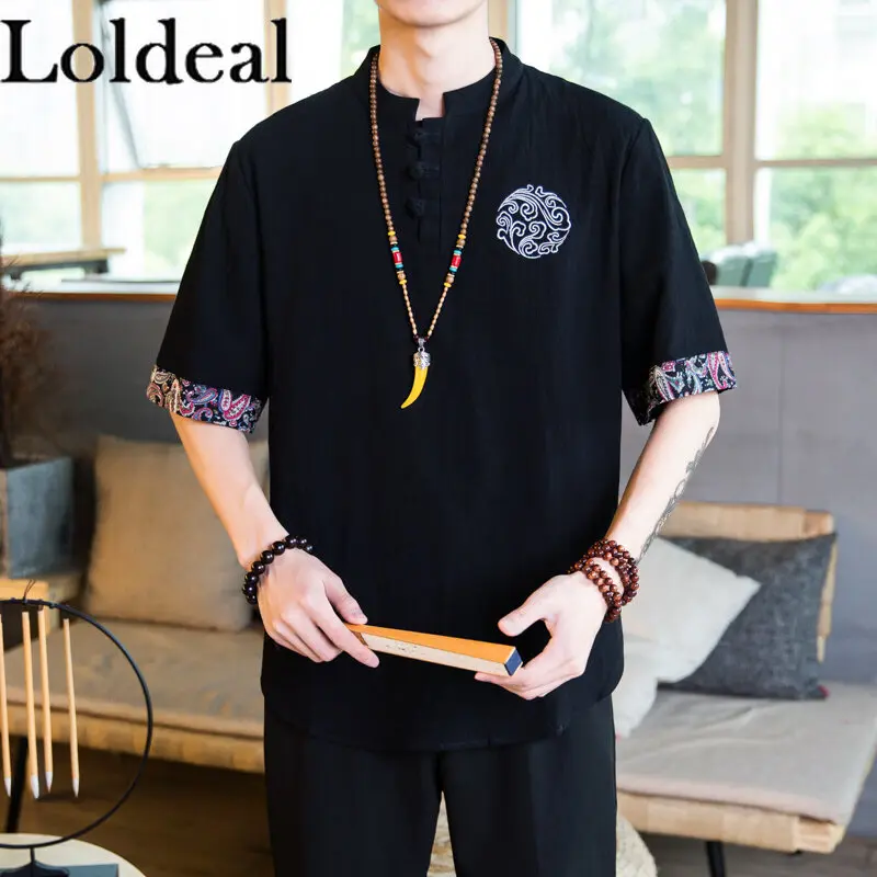 Loldeal Chinese Style Short-sleeved T-shirt Men's Slim Stand Collar Embroidery Cotton and Linen Casual
Loldeal Chinese Style Short-sleeved T-shirt Men's Slim Stand Collar Embroidery Cotton and Linen Casual