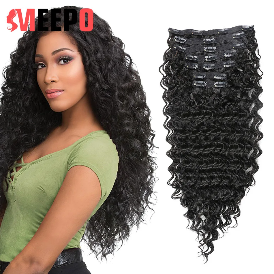 

Meepo 24Inch Deep Wave Hair Extensions Clip in Heavy Synthetic Hair Kinky Curly Natural Black Color Soft Long Hairpieces