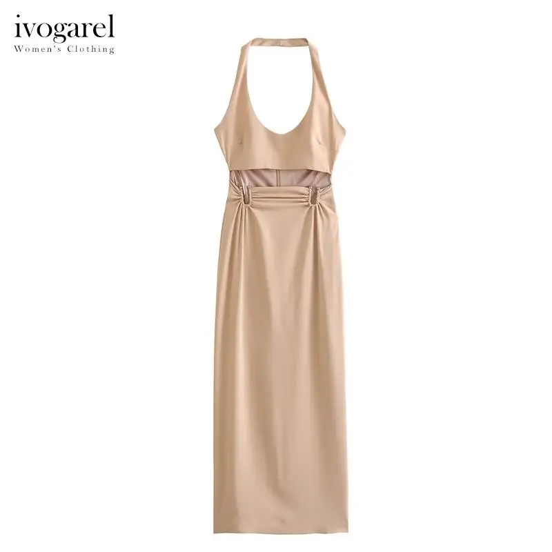 Ivogarel Halter Neck Knit Midi Dress Women's Stylish Evening Dress with Round Neckline Waist Cut-Out Detail and Back Slit 
Ivogarel Halter Neck Knit Midi Dress Women's Stylish Evening Dress with Round Neckline Waist Cut-Out Detail and Back Slit