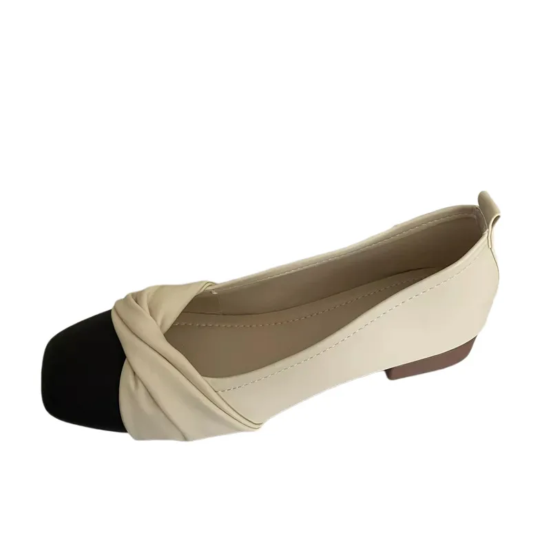 

2023 Lady's Color-Block Classic Tweed Apricot Soft Leather Ballet Flats Versatile Round Toe Shallow Bow Ballet Single Shoe Women