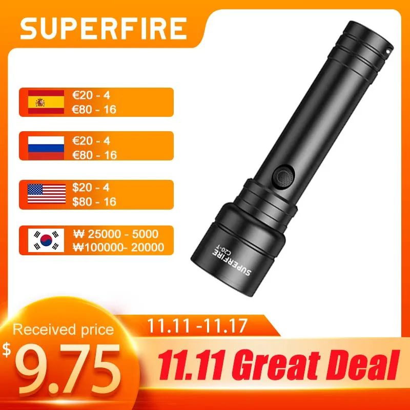 

SUPERFIRE LED Flashlight USB C Rechargeable 20W High Powerful Light 5000LM SH-S14 Torch 21700 Battery for Camping Hunting