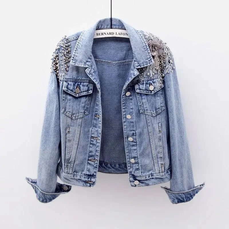 2023 Spring And Autumn Korean Long-Sleeved Turn-Down Collar Denim Jacket Beaded Casual Slim Denim Jacket Outerwear Female 
2023 Spring And Autumn Korean Long-Sleeved Turn-Down Collar Denim Jacket Beaded Casual Slim Denim Jacket Outerwear Female