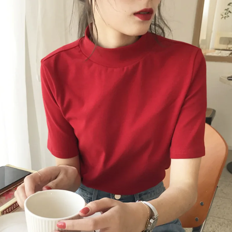 Simple and casual all-match solid color half-high collar brushed cotton loose short-sleeved bottoming shirt T-shirt top women
Simple and casual all-match solid color half-high collar brushed cotton loose short-sleeved bottoming shirt T-shirt top women