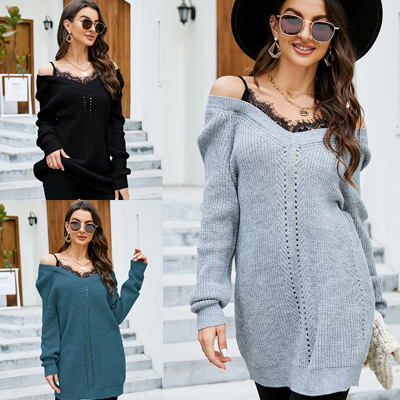 Sexy Lace Panel Pullover V-neck Sweater Women's Fashion Loose Fake Two Piece Top Knit 
Sexy Lace Panel Pullover V-neck Sweater Women's Fashion Loose Fake Two Piece Top Knit