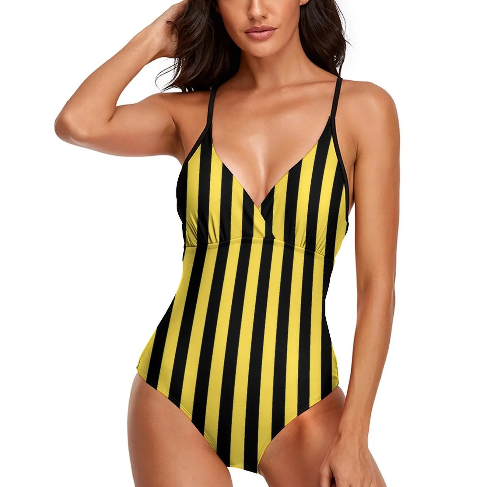 

Vertical Striped Swimsuit Sexy Black And Yellow One Piece Swimwear Women Push Up Swimsuits Sweet Bathing Suits Sling Beachwear