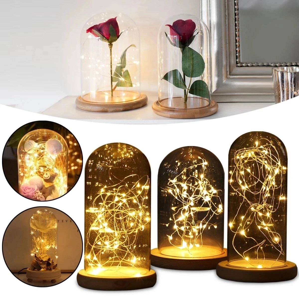 With LED Vases Glass Flower Display Cloche Bell Jar Glass Bottle with Wooden Base LED Dust Cover Display Box Immortal Flower Box
With LED Vases Glass Flower Display Cloche Bell Jar Glass Bottle with Wooden Base LED Dust Cover Display Box Immortal Flower Box