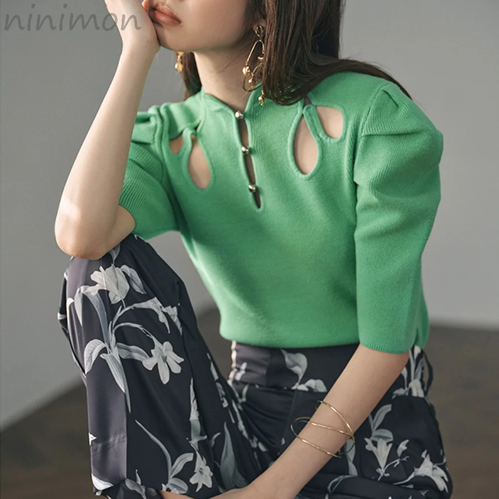 NINIMON Summer Hollow Knitwear Petal Neckline Puff Sleeve T Shirts Japanese Slim Fit Women's Tops Short Sleeves with Metal Butto
NINIMON Summer Hollow Knitwear Petal Neckline Puff Sleeve T Shirts Japanese Slim Fit Women's Tops Short Sleeves with Metal Butto