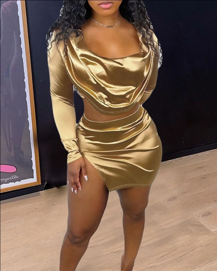 Two Piece Sets Womens Outifits Summer Metallic Plain Cowl Neck Long Sleeve Crop Top & Sexy Slit Skinny Mini Night Out Skirt Set
Two Piece Sets Womens Outifits Summer Metallic Plain Cowl Neck Long Sleeve Crop Top & Sexy Slit Skinny Mini Night Out Skirt Set