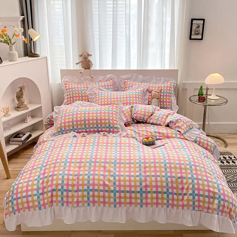 Princess Style Bed Set with White Ruffles Queen Size Plaid Bedding for Home King Size Cute Styles for Girl Duvet Cover Set
Princess Style Bed Set with White Ruffles Queen Size Plaid Bedding for Home King Size Cute Styles for Girl Duvet Cover Set