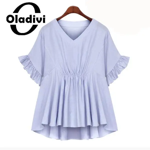 

Oladivi Модные женские повседневные свободные блузки с оборками 2023 летние новые большие рубашки с коротким рукавом женский топ туники Блузы 912