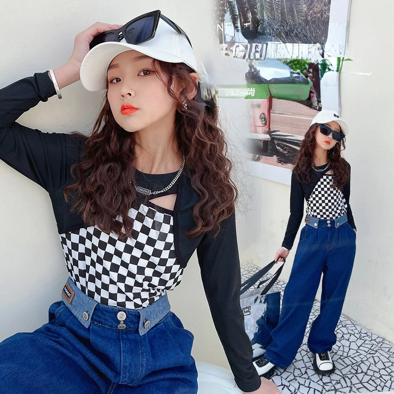 Girls' fake two-piece plaid stitching long-sleeved T-shirt 2022 spring and autumn design short children's bottoming shirt
Girls' fake two-piece plaid stitching long-sleeved T-shirt 2022 spring and autumn design short children's bottoming shirt