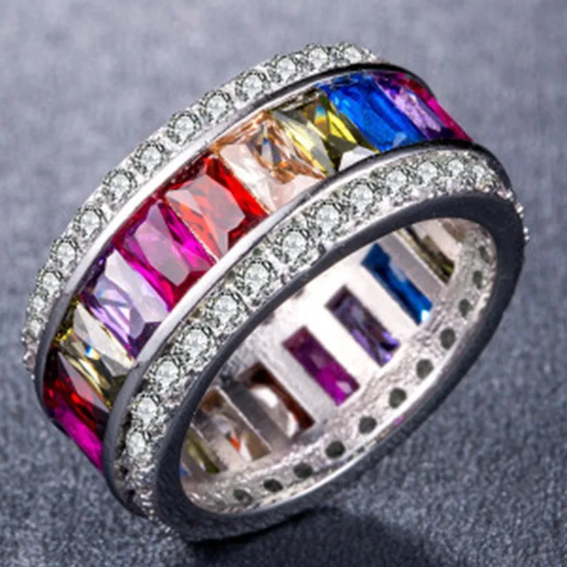 Ladies Dainty Rainbow Ring Colorful Multi Color Square Zirconia Crystal Baguette Finger Gold Color Ring Women Females Jewelry
Ladies Dainty Rainbow Ring Colorful Multi Color Square Zirconia Crystal Baguette Finger Gold Color Ring Women Females Jewelry