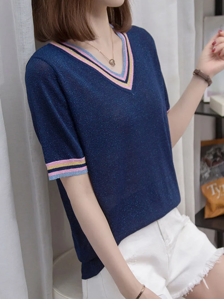 Doornot Oversized Bright Silk Knitted T-shirt Women Summer Ice Silk Tshirt V-neck Short Sleeve Patchwork Loose Female Large Tops
Doornot Oversized Bright Silk Knitted T-shirt Women Summer Ice Silk Tshirt V-neck Short Sleeve Patchwork Loose Female Large Tops