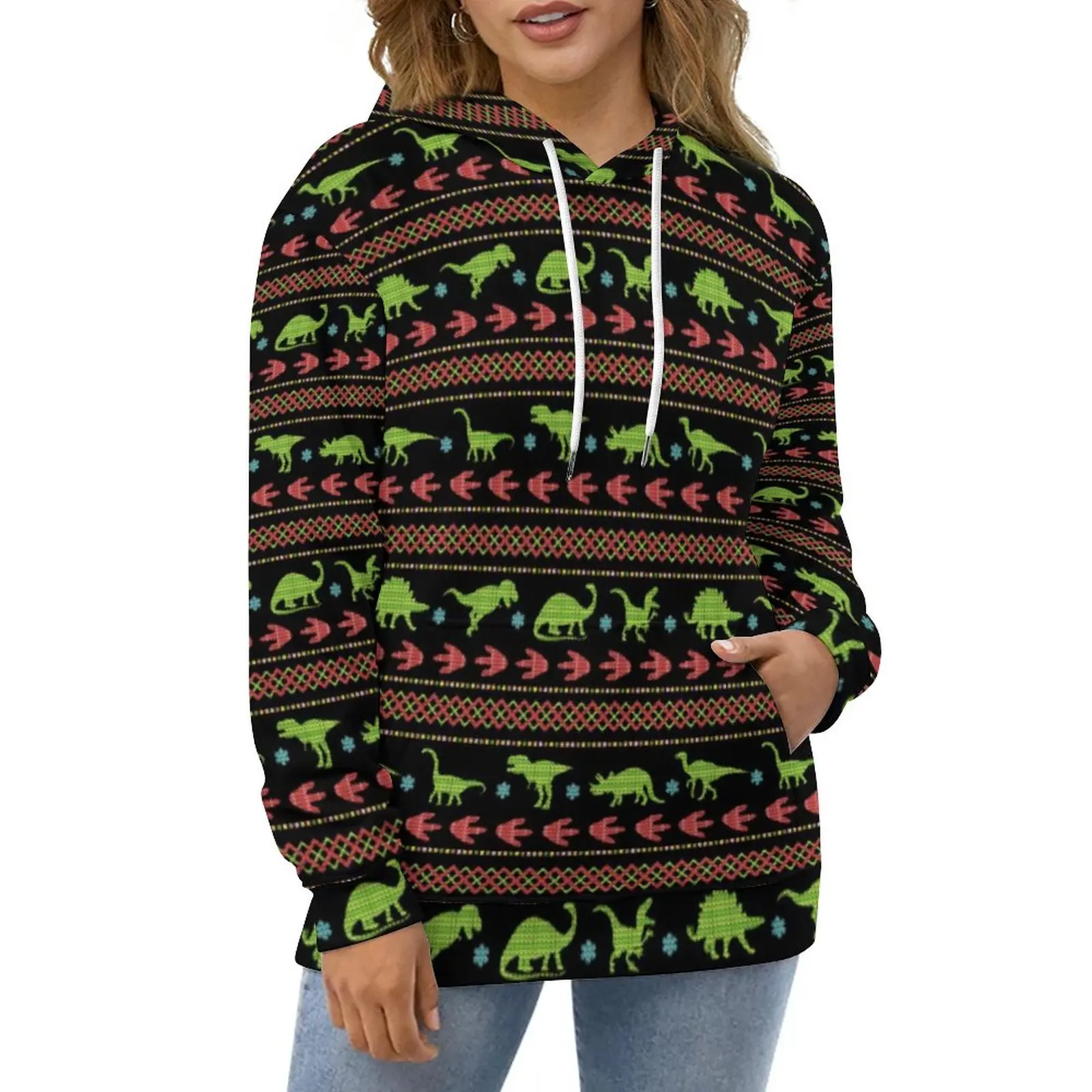 

Christmas Dinosaurs Casual Hoodies Knit Embroidered Print Aesthetic Hoodie Women Long-Sleeve Oversize Hip Hop Custom Loose Tops