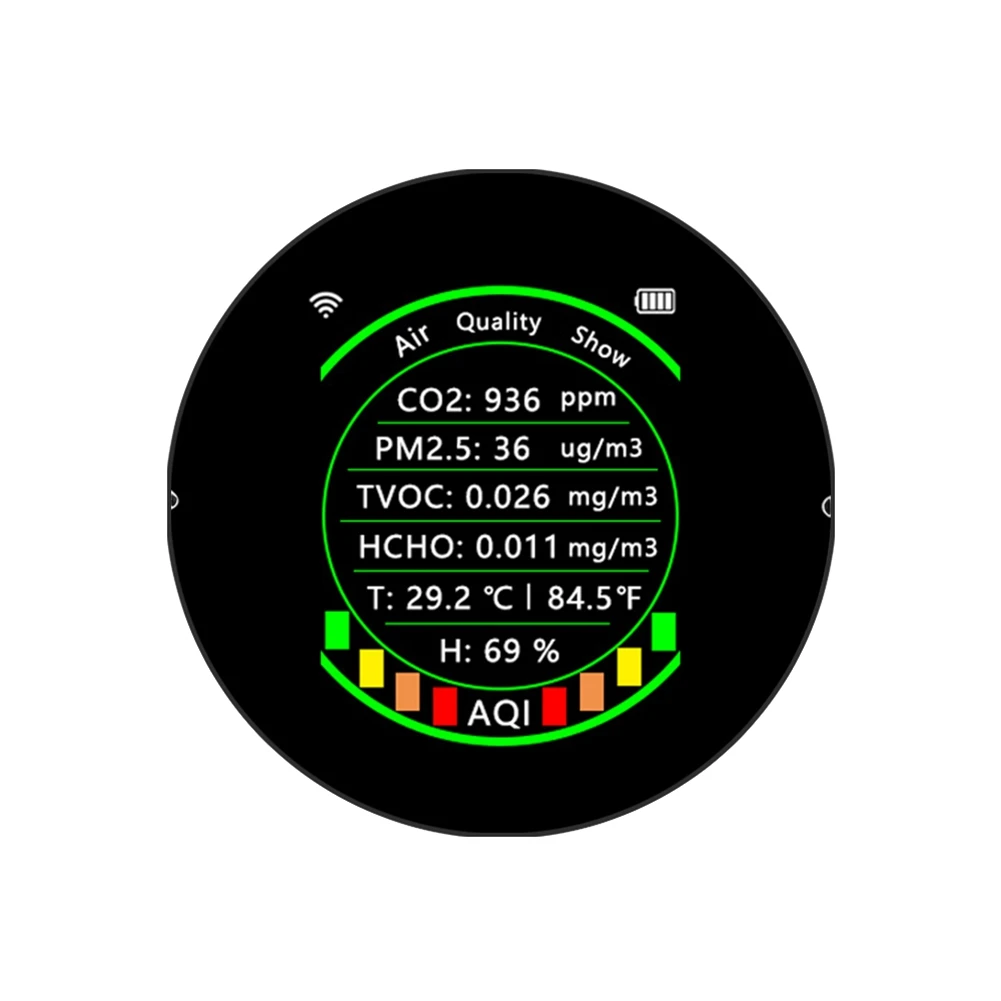

Датчик качества воздуха Tuya Wi-Fi 7 в 1, измеритель температуры, общих летучих соединений и содержания углекислого газа PM2.5, чёрный, с сигнализац...