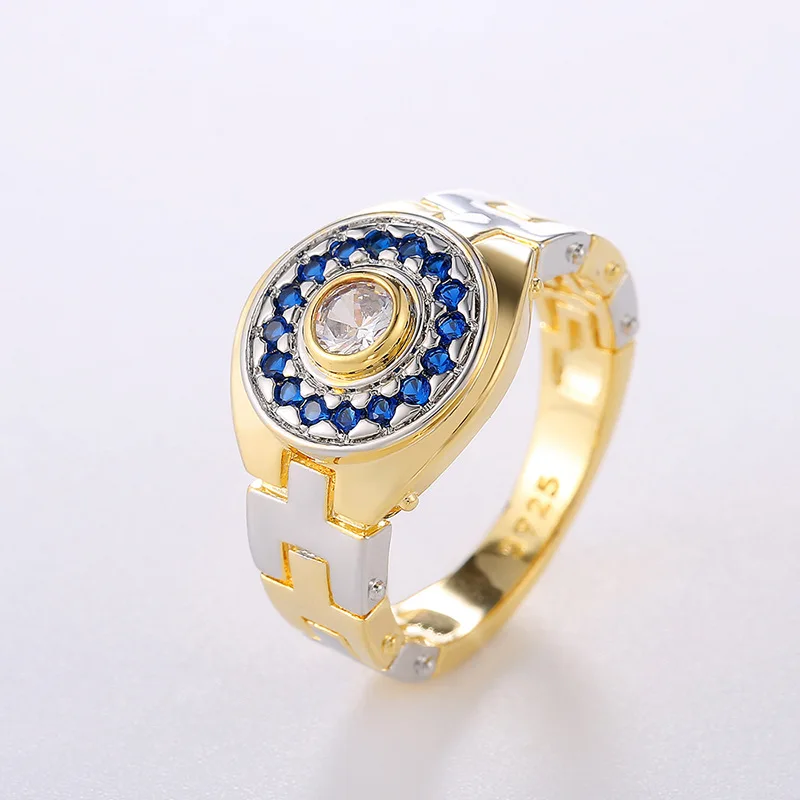 

New Luxury Trendy Tow Tone Watch Strap Rings For Women And Men Shine Blue White CZ Stone Inlay Punk Fashion Jewelry Party Gift