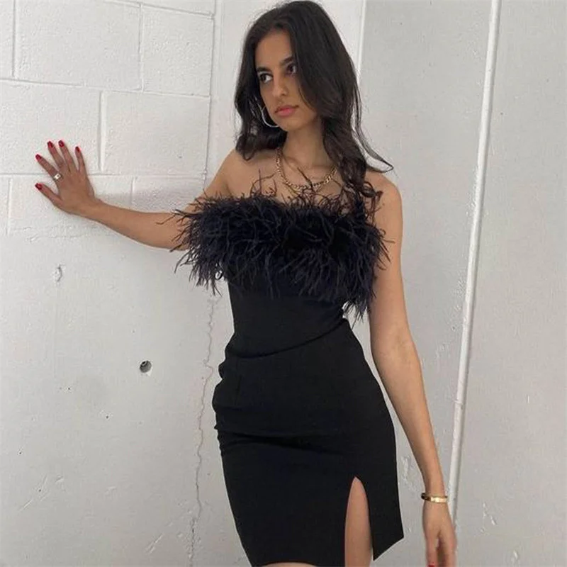 Female Bodycon Dress Summer Solid Color Feathers Boat Neck Sleeveless Strapless Mini Dress White/Black, S/M/L
Female Bodycon Dress Summer Solid Color Feathers Boat Neck Sleeveless Strapless Mini Dress White/Black, S/M/L