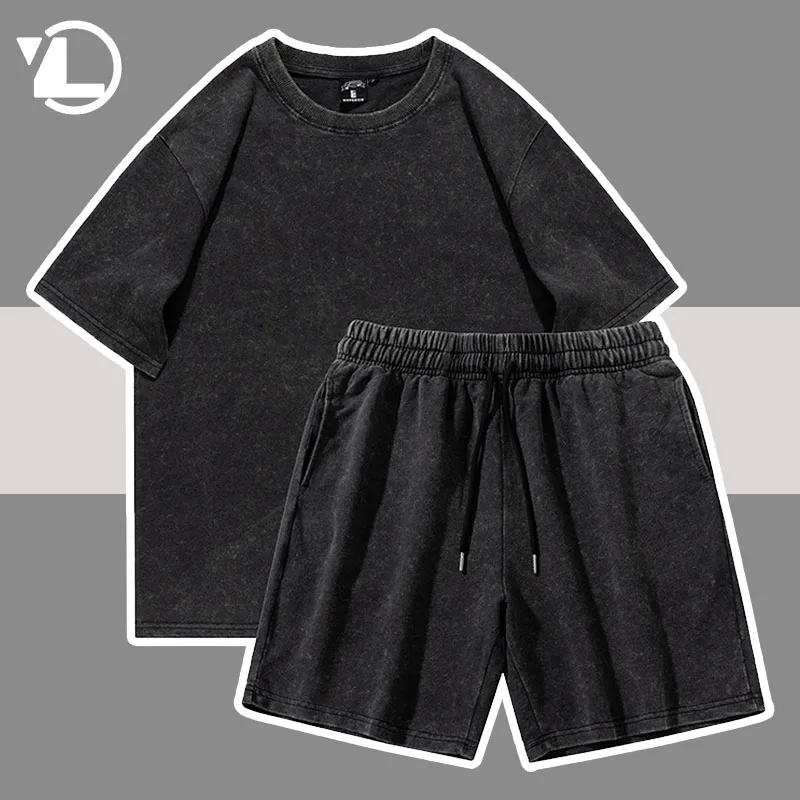 Summer Short Sleeve Sets Men Women Hip Hop Washed Distressed Black Tshirts+Retro Oversized Shorts High Street Solid color Suit
Summer Short Sleeve Sets Men Women Hip Hop Washed Distressed Black Tshirts+Retro Oversized Shorts High Street Solid color Suit