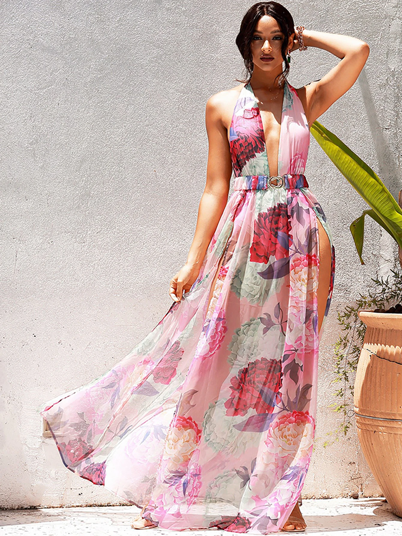 LOVE&LEMONADE Sexy V-Neck Big Backless A-Line Split Pink Flower Print Chiffon Beach Maxi Dress LM83488
LOVE&LEMONADE Sexy V-Neck Big Backless A-Line Split Pink Flower Print Chiffon Beach Maxi Dress LM83488