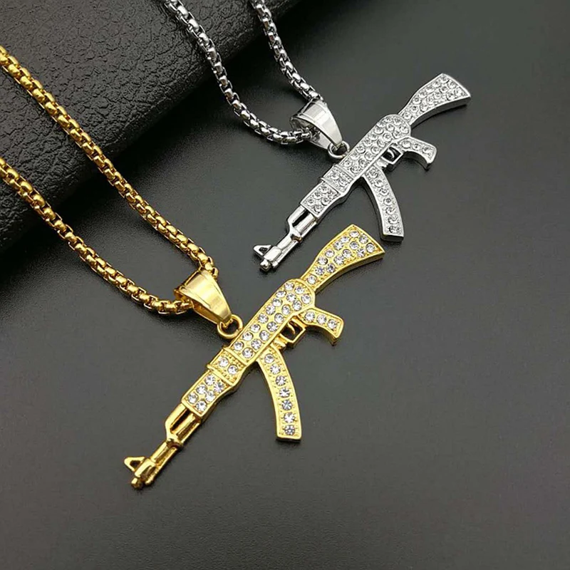 Hip Hop Rhinestones Paved Bling Iced Out Gold Silver Color Stainless Steel AK 47 Gun Pendants Necklace for Men Rapper jewelry
Hip Hop Rhinestones Paved Bling Iced Out Gold Silver Color Stainless Steel AK 47 Gun Pendants Necklace for Men Rapper jewelry