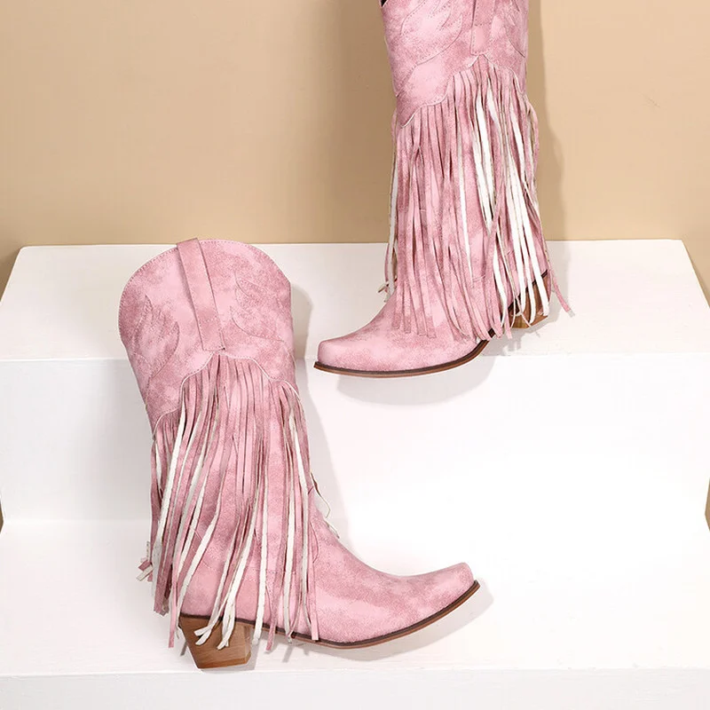 

2022 NEW Retro Vintage Cowgirl Mid Kalf Laarzen Vrouwen Roze Cowboy Casual Kwasten Fringe Westerse Laarzen Schoenen Women Boots