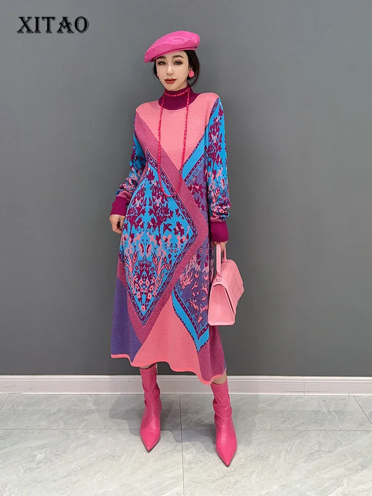 

XITAO, вязаное платье контрастных цветов с воротником-стойкой, новинка зимы 2022, Модный пуловер свободного покроя, подходит ко всему, FBB1324