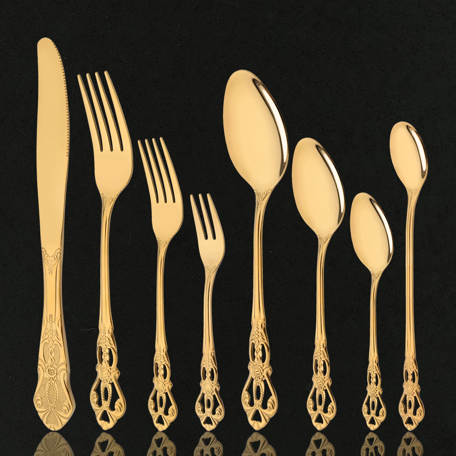 Gold 8Pcs Luxury Dinnerware Mirror Stainless Steel Vintage Western Flatware Cutlery Set Tableware Knife Ice Spoon Fruit Fork Set
Gold 8Pcs Luxury Dinnerware Mirror Stainless Steel Vintage Western Flatware Cutlery Set Tableware Knife Ice Spoon Fruit Fork Set
