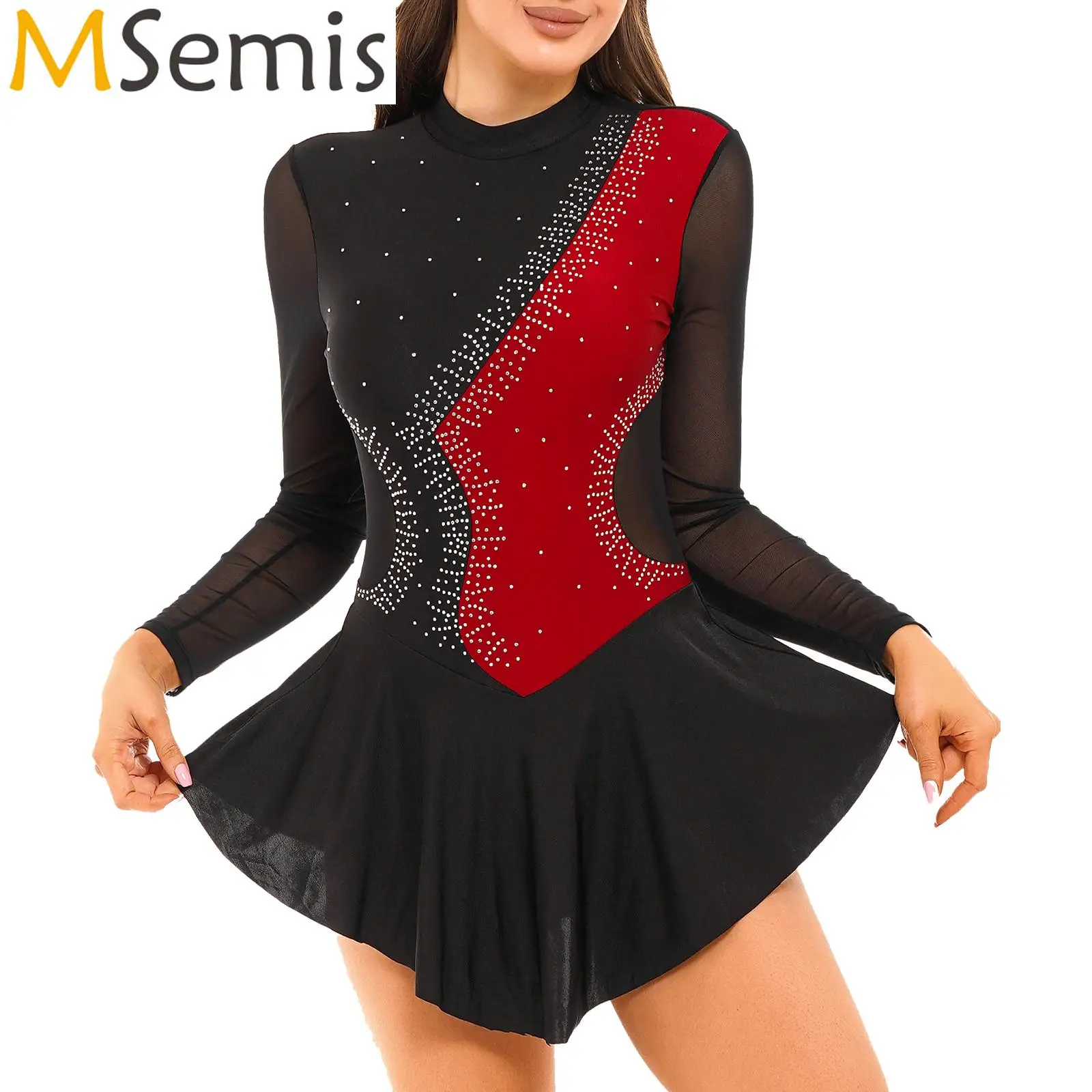 

Womens Sparkling Rhinestone Dress for Dance Figure Skating Color Block Dress Sheer Mesh Long Sleeve Cutout Back Leotard Dresses