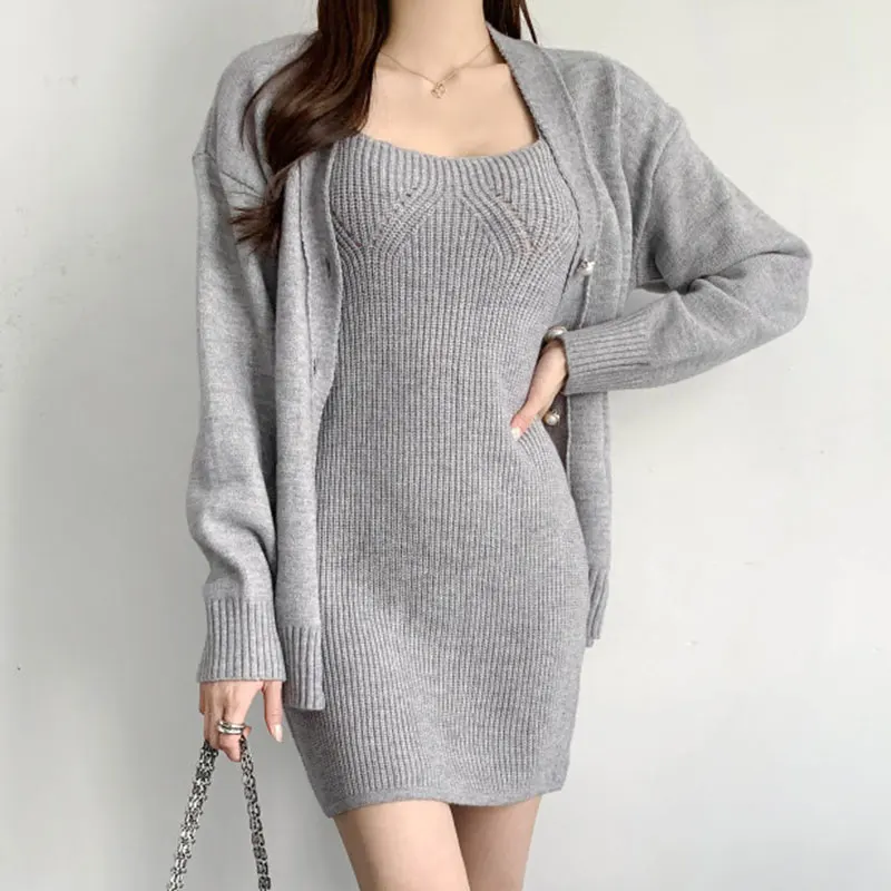 Dress Sets Women Korean Fashion Elegant Pearl Button Loose Cardigan Woman + Sleeveless Knitted Mini Dresses Female Dropshipping
Dress Sets Women Korean Fashion Elegant Pearl Button Loose Cardigan Woman + Sleeveless Knitted Mini Dresses Female Dropshipping