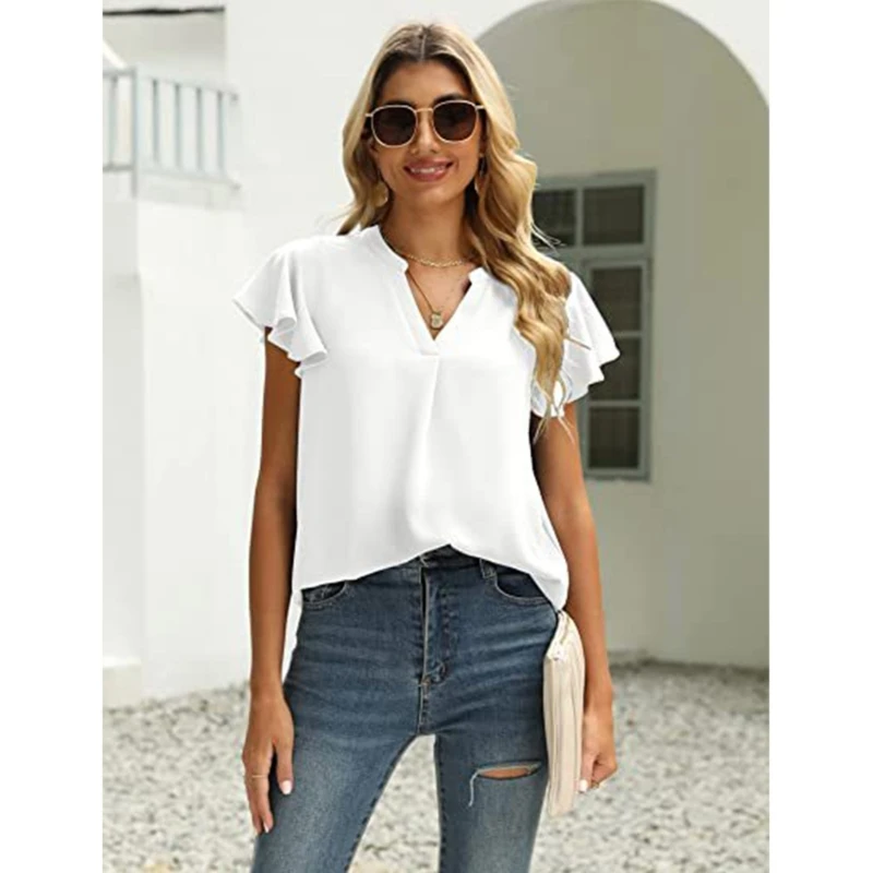 

Women Summer Ruffle Flutter Short Sleeve Split V-Neck Chiffon Blouses Shirt Casual Loose Solid Color Pullover Tunic Top