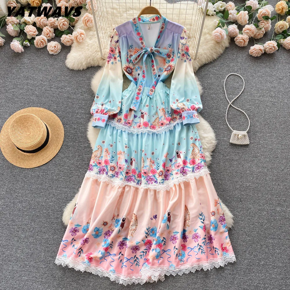 Elegant Bow Collar Women Maxi Dresses Runway Floral Print Patchwork Lace Trims Cascading Cake Party Dress Autumn Vestidos
Elegant Bow Collar Women Maxi Dresses Runway Floral Print Patchwork Lace Trims Cascading Cake Party Dress Autumn Vestidos