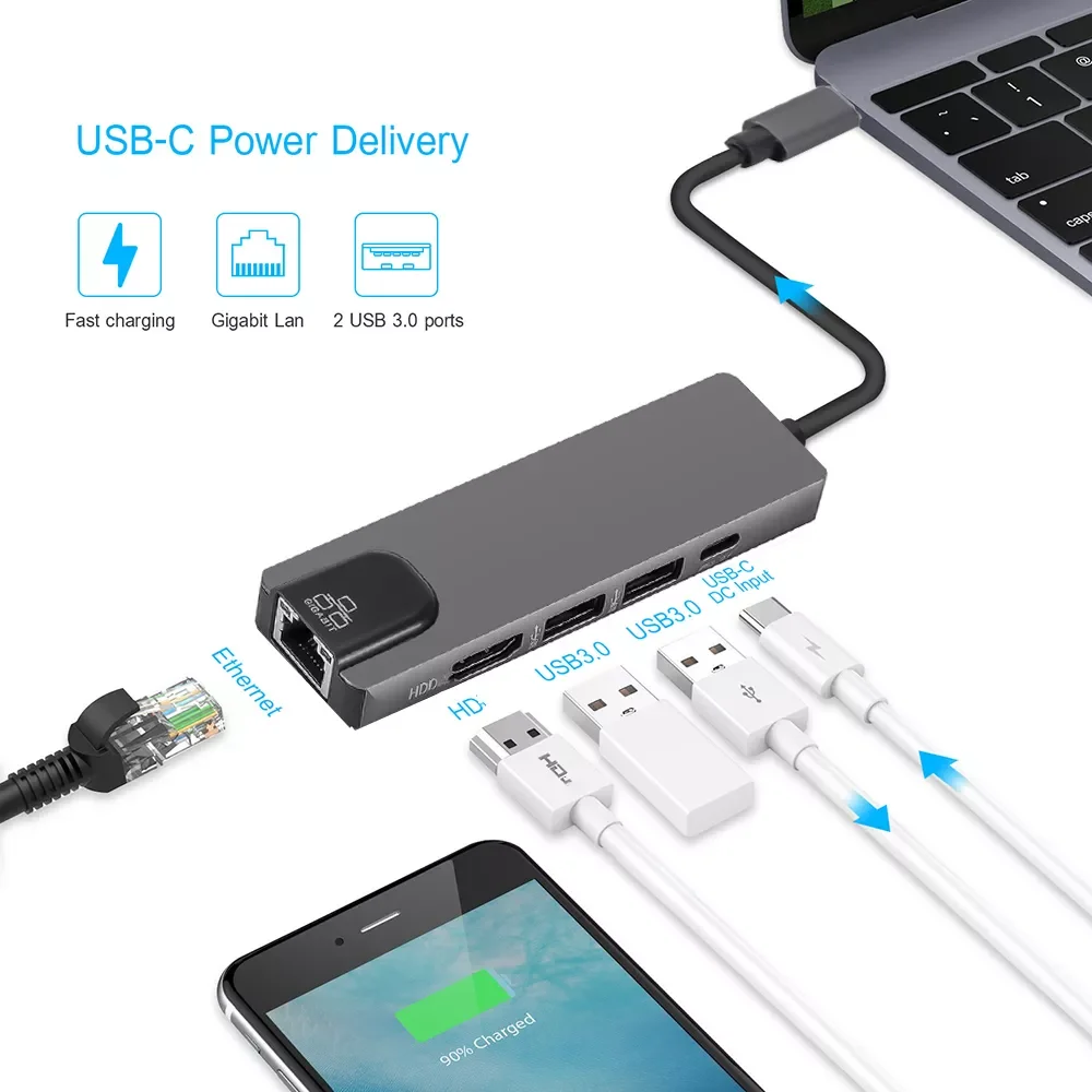 5 in 1 USB Type C Hub 4K USB C Hub to Gigabit Ethernet Rj45 Lan Adapter for Mac book Pro Thunderbolt 3 USB-C Charger PD
5 in 1 USB Type C Hub 4K USB C Hub to Gigabit Ethernet Rj45 Lan Adapter for Mac book Pro Thunderbolt 3 USB-C Charger PD