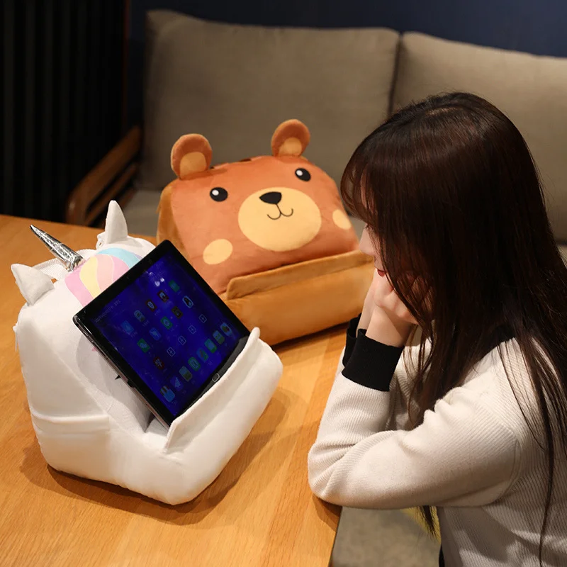

Tablet Backpack Pillow Plush Toy 3 In 1 Cartoon Animal Bear Unicorns Nap Pillow Soft Cotton Stuffed Phone Stand Doll For Adults