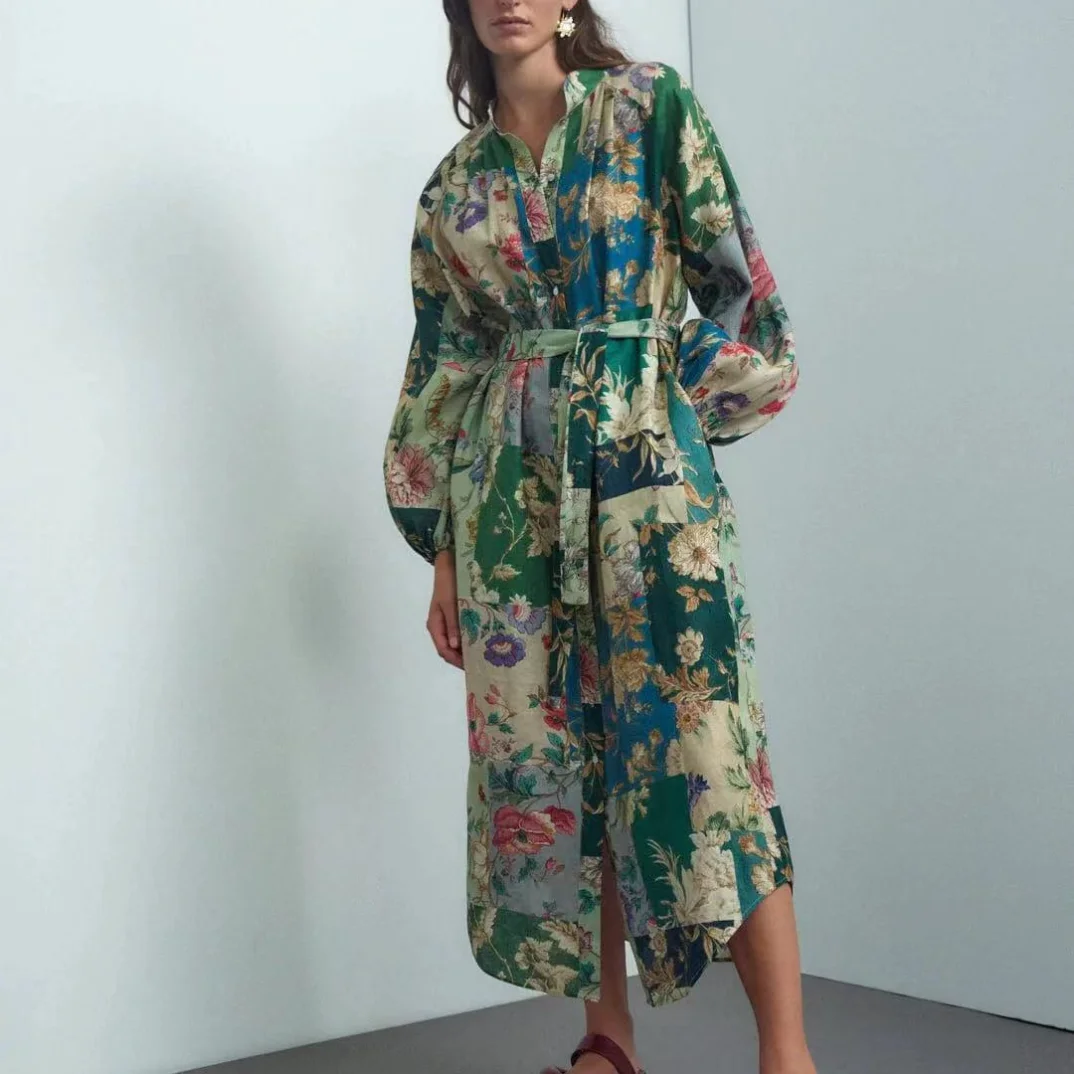 New Arrival Top Quality 2022 Autumn Collection Green Floral Print Casual Loose Midi Dress with Fabric Belt for Fashion Women
New Arrival Top Quality 2022 Autumn Collection Green Floral Print Casual Loose Midi Dress with Fabric Belt for Fashion Women