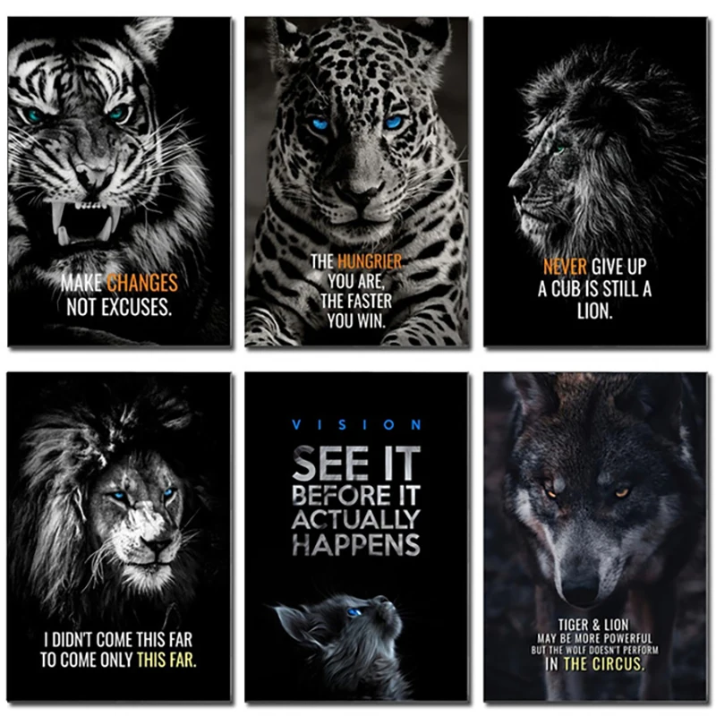 

Modern Animal Slogan Posters Pictures Wall Art Canvas Painting Tiger Lion Leopard Cat Wolf Posters Prints Living Room Home Decor
