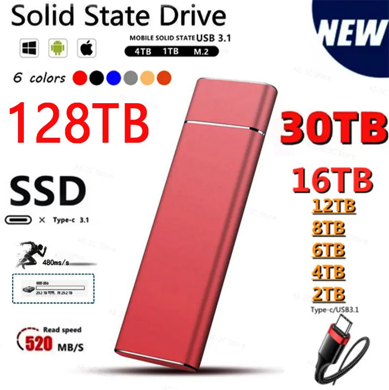 

Портативный SSD-накопитель, высокоскоростной внешний жесткий диск USB 500 объемом 1 ТБ, 3,1 ГБ, Type-C, 4 ТБ, 16 Тб, внешний накопитель, жесткие диски для ноутбуков, PS4