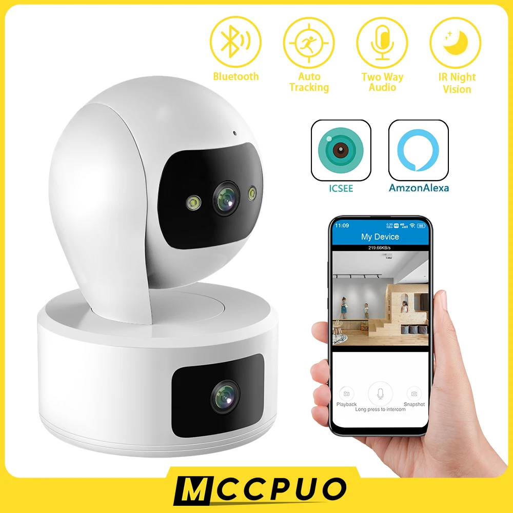 

Mccpuo 6MP Dual Lens WIFI PTZ Camera Dual Screen AI Auto Tracking Indoor 4MP Secuity CCTV Surveillance IP Camera ICSEE PRO Alexa