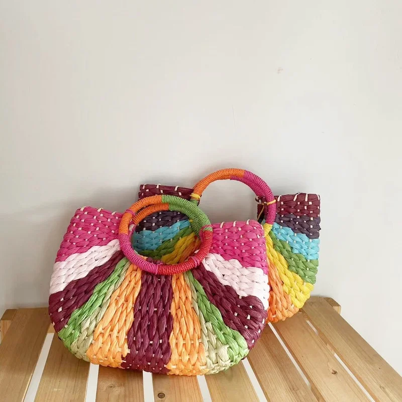 

Bohemia Colourful Contrasting Colors Women Hand-Woven Straw Bag Round Handle Half- Moon Shape Ladies Handbag Summer Beach Totes