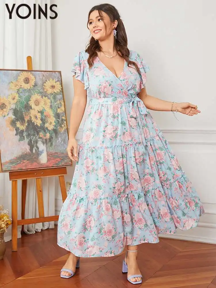 

YOINS 2023 Summer Dress Plus Size Women Short Sleeve Ruffle Trim Floral Print Bohemian Vestido Long Dresses Party Sundress L-4XL