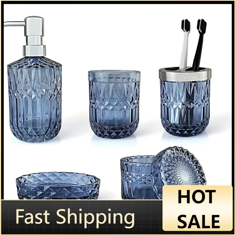 LaMarriti 5Pcs Blue Glass Bathroom Accessory Complete Set, Lotion Dispenser, Soap Dish, Tumbler, Cotton Swab Jars,
LaMarriti 5Pcs Blue Glass Bathroom Accessory Complete Set, Lotion Dispenser, Soap Dish, Tumbler, Cotton Swab Jars,