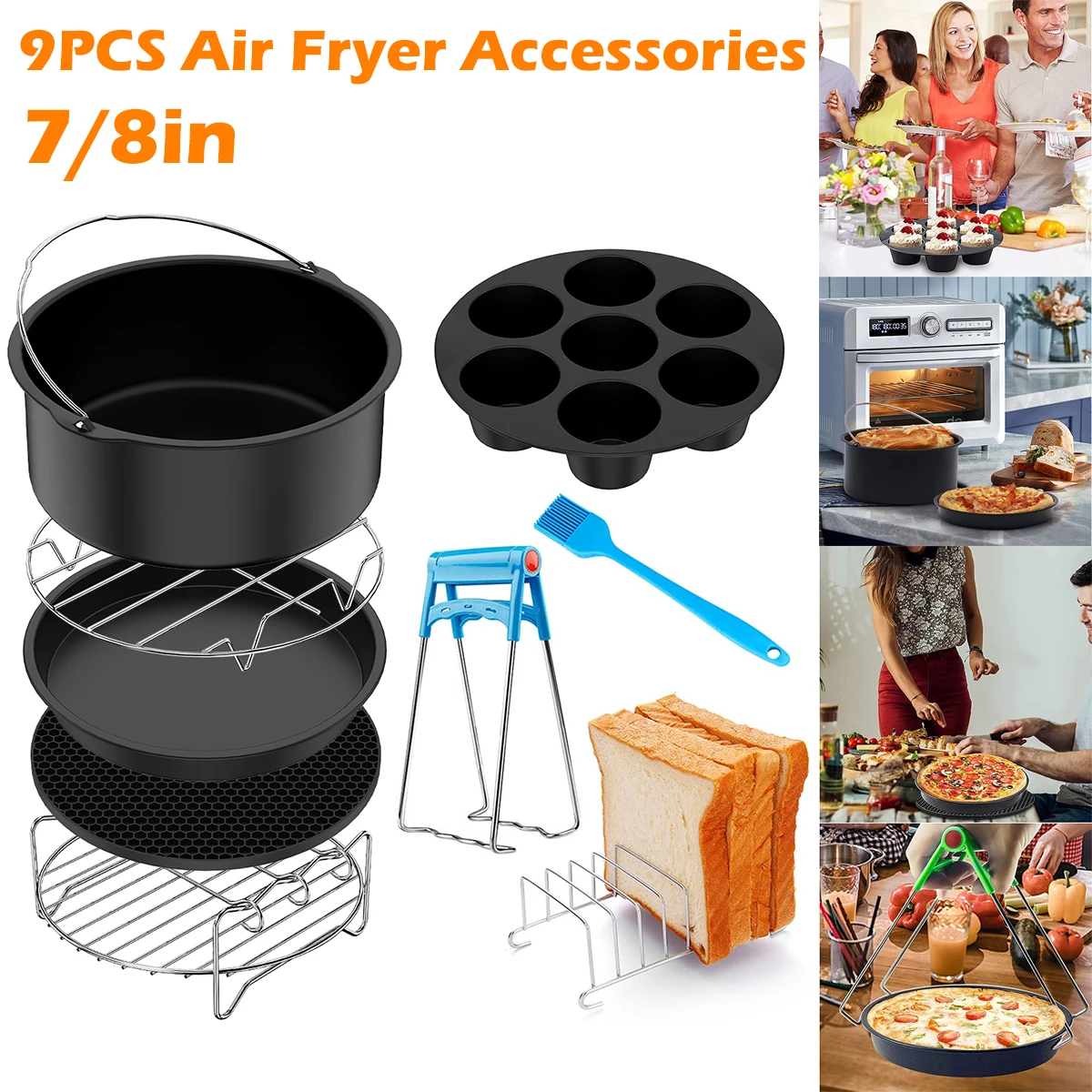 

9 Pcs Air Fryer Accessories Set Food-grade Air Fryer Accessories with Cake Basket Pizza Pan Stainless Steel Skewer Rack Oil