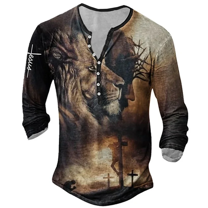 

Vintage Henley Shirt For Mens Cotton Knight Print Long Sleeve T-shirt Gothic Top Oversized Tee Shirt Man Clothes Punk Streetwear