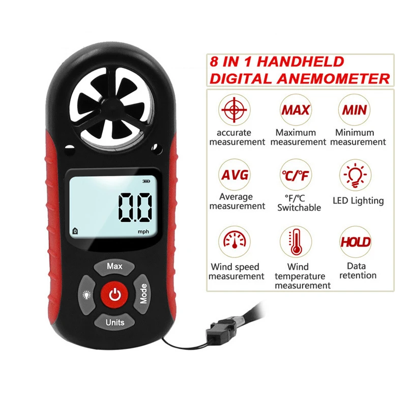 

8in1 LCD Handheld Airflow Windmeter Thermometer Digital Anemometer Portable Outdoor Surfing Wind-Speed Gauge Meter Measure Tool