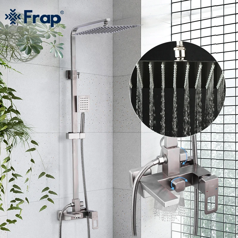 

Frap Brushed Shower Faucet Bathroom Faucets Wall Mounted Bracket Faucet Cold Hot Water Mixer Stainless Steel Rainfall System