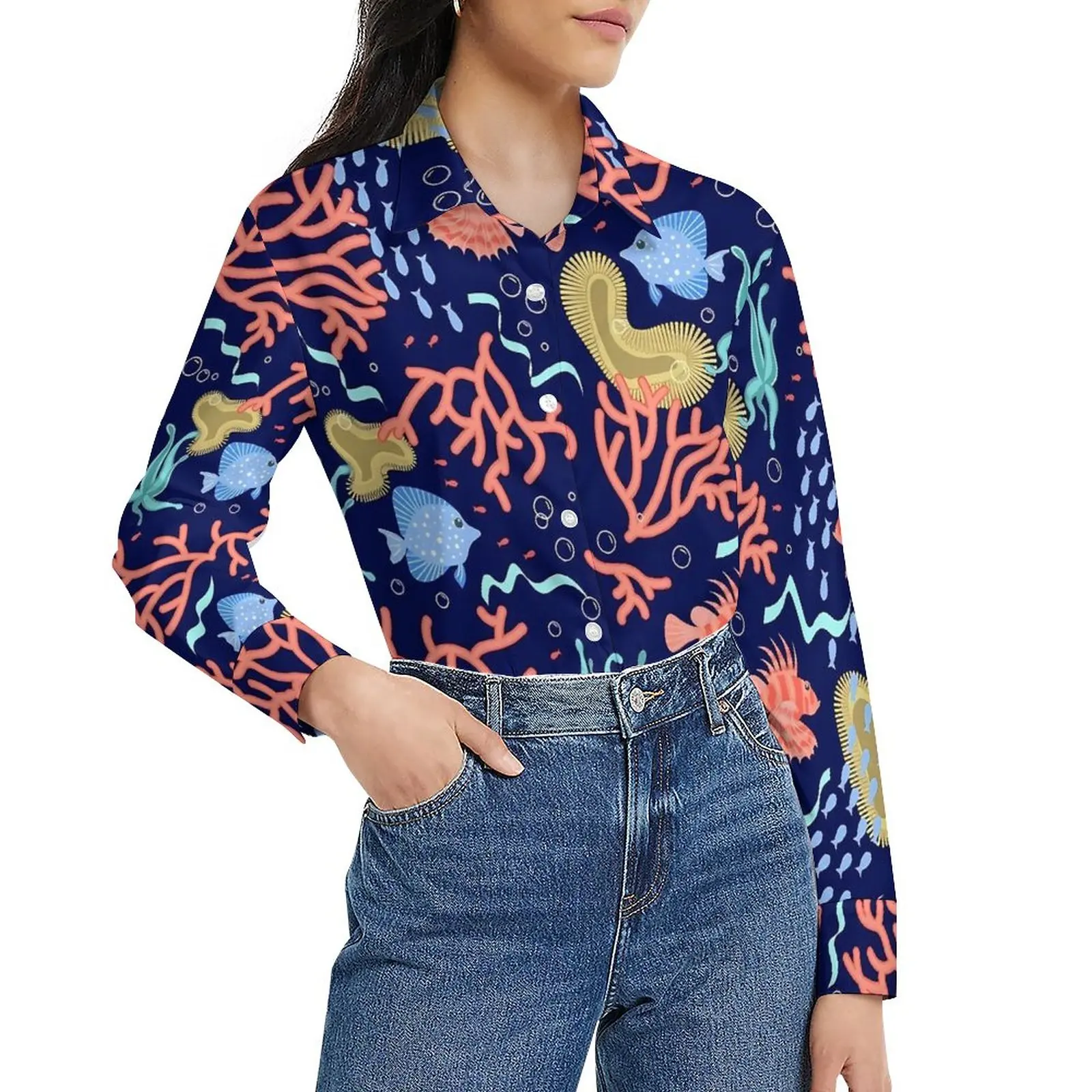 

Tropical Marine Blouse Underwater Life Print Vintage Design Blouses Women Casual Shirt Autumn Long Sleeve Oversized Top