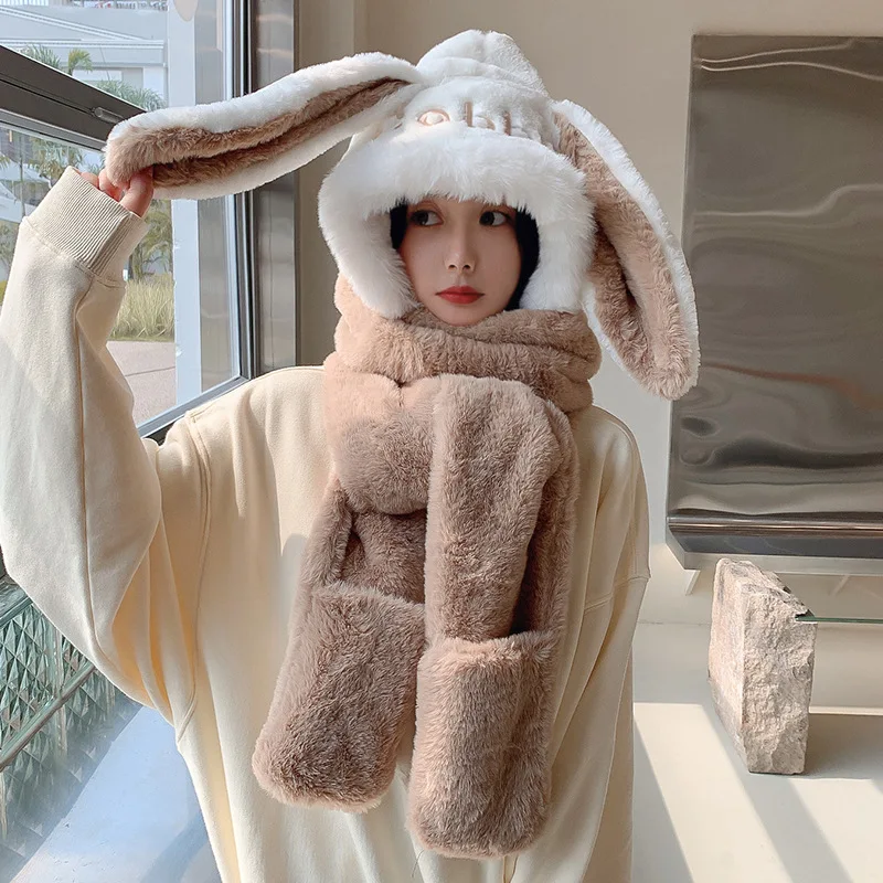 

2021 New Winter Ladies Scarf Gloves Hat One-Piece Three-Piece Cute Rabbit Outdoor Women Riding Plus Velvet Thickening Keep Warm