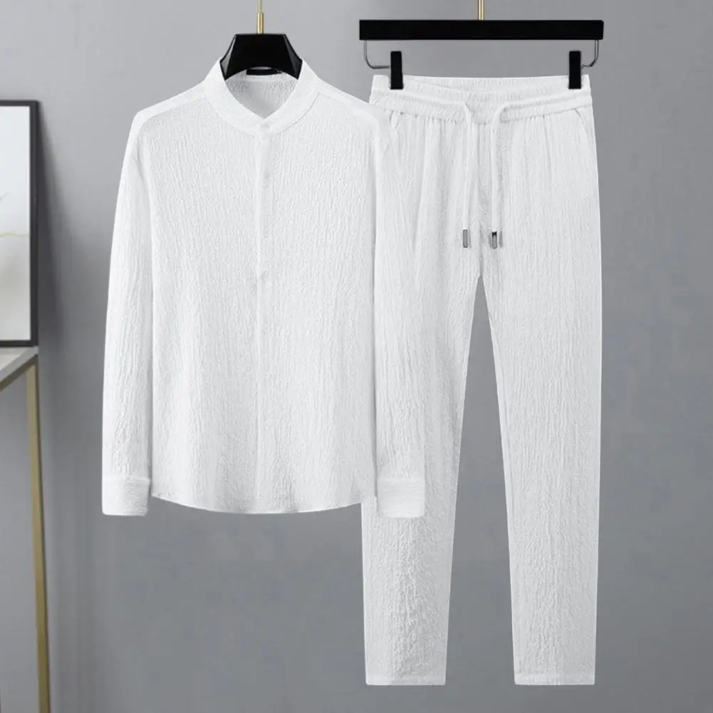 Casual Shirt Pants Set Stylish Men's Shirt Pants Set Elastic Waist Wide Leg Stand Collar Plus Size Single-breasted for Fall
Casual Shirt Pants Set Stylish Men's Shirt Pants Set Elastic Waist Wide Leg Stand Collar Plus Size Single-breasted for Fall