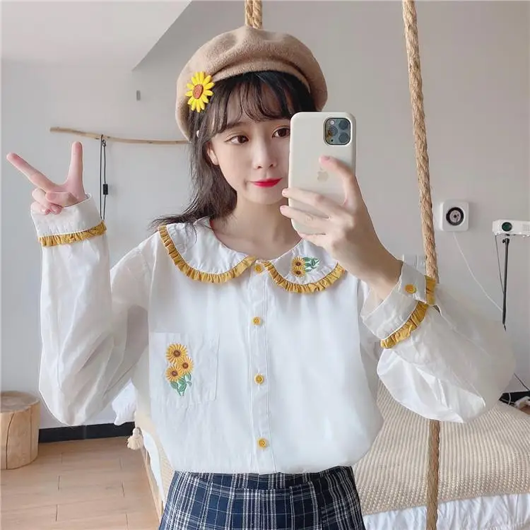 

Japanese Preppy Style Women Spring Autumn White Blouse Peter Pan Collar Sunflower Embroidery Blusas Cute Kawaii Lolita Girl Top